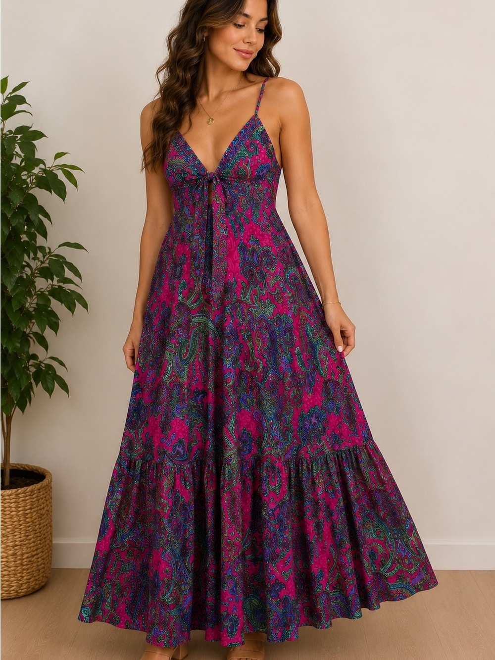 Vintage Moda Ibiza Paisley Open Back Maxi Dress Pink Boho Festival Y2K
